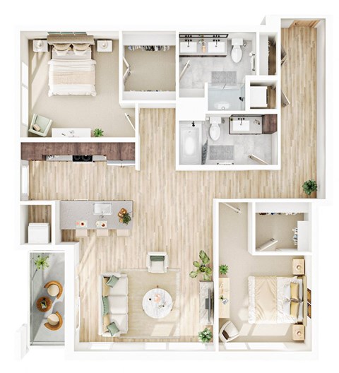 Floor plan for 2 beds, 2 baths, 1214 sqft